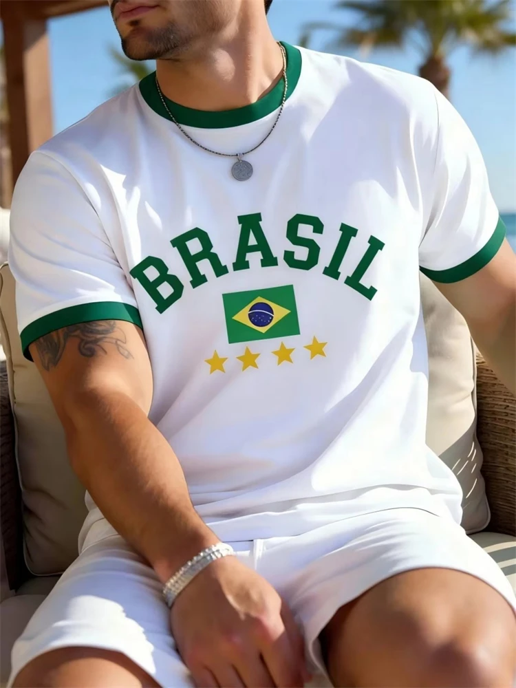 New Summer Collection Men's T-Shirt With 3D Brazilian Flag Print—Short-Sleeve Outdoor Sports T-Shirt Round-Neck Surf T-Shirt