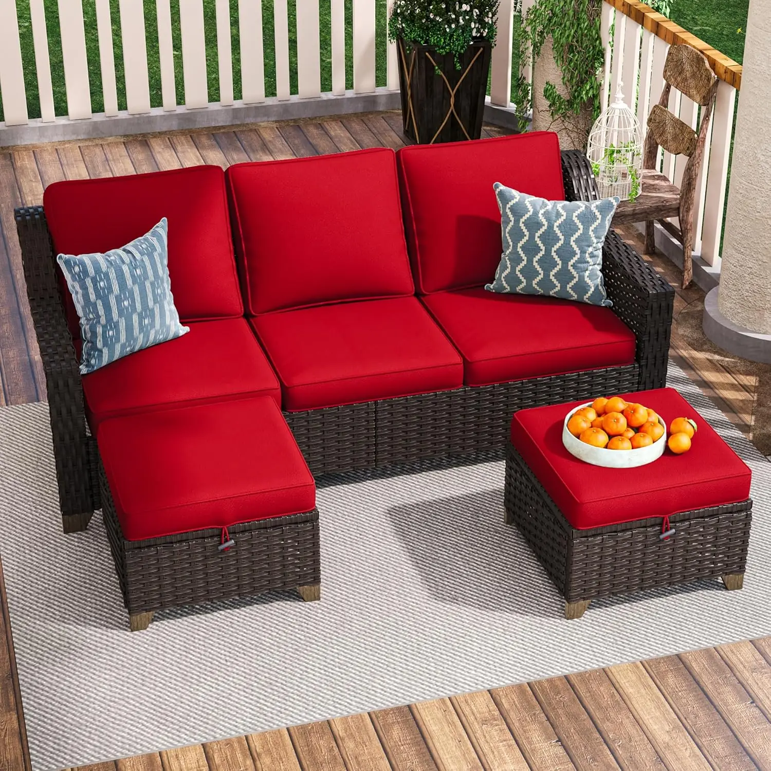 

77" Rattan Patio Sofa Set 2 Ottomans Water-Resistant Cushions Sunroom Deck Porch, Customized