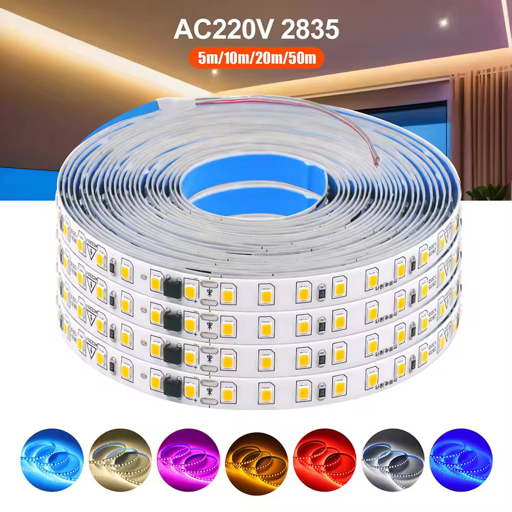 סטריפ LED גמיש באורך 5 מטר, 10 מטר, 20 מטר ו-50 מטר, עמיד למים IP44, 220V, 230V, SMD 2835, 120LED, תאורת סרט LED גמישה, 9 צבעים, קישוט לבית