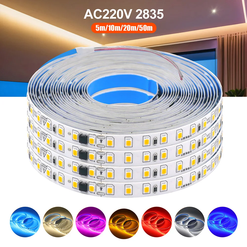 5m 10m 20m 50m Led Strip Light Waterproof IP44 220V 230V SMD 2835 120LED Flexible Led Ribbon Tape Lamp 9 Colors Home Decoration