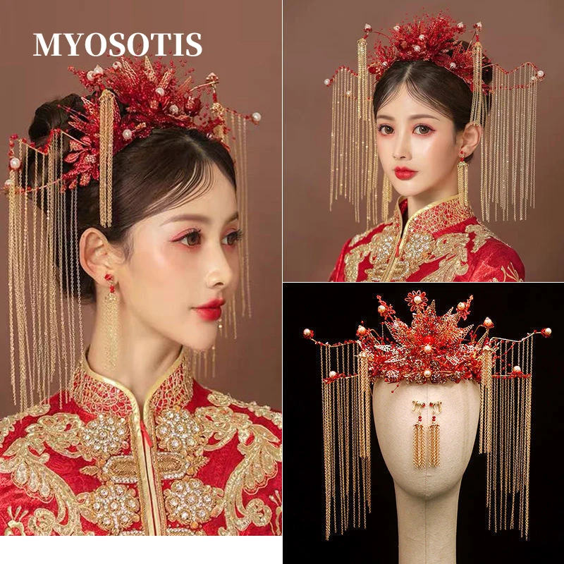 Chinese Style Wedding Bride Crown Tiara Diadema Vintage Red Tassel Bridal Headband Hair  Wedding Crowns Hanfu Hair Accessories