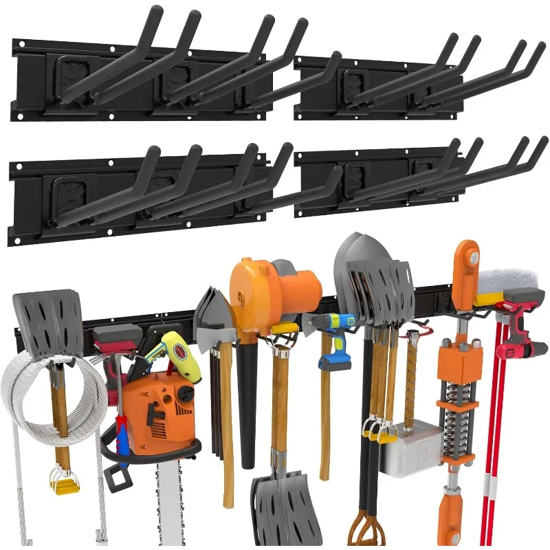 

64 Inch Garage Tool Organizer Wall Mount, Heavy Duty Garden Storage Rack, 4 Aluminum Rails and 10 Steel Adjustable Hooks