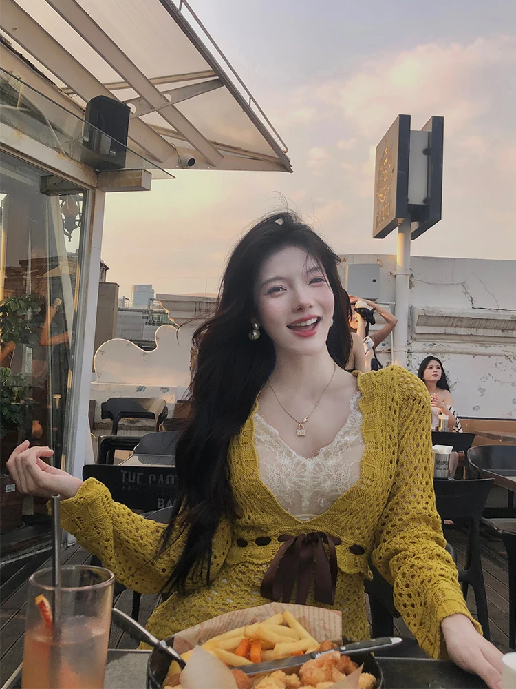 

Yellow Long Sve Knitted Sweater Hollow out Belted Original Design Autumn Commute Sle Warmth Polyester Fiber V-Ne Singl...