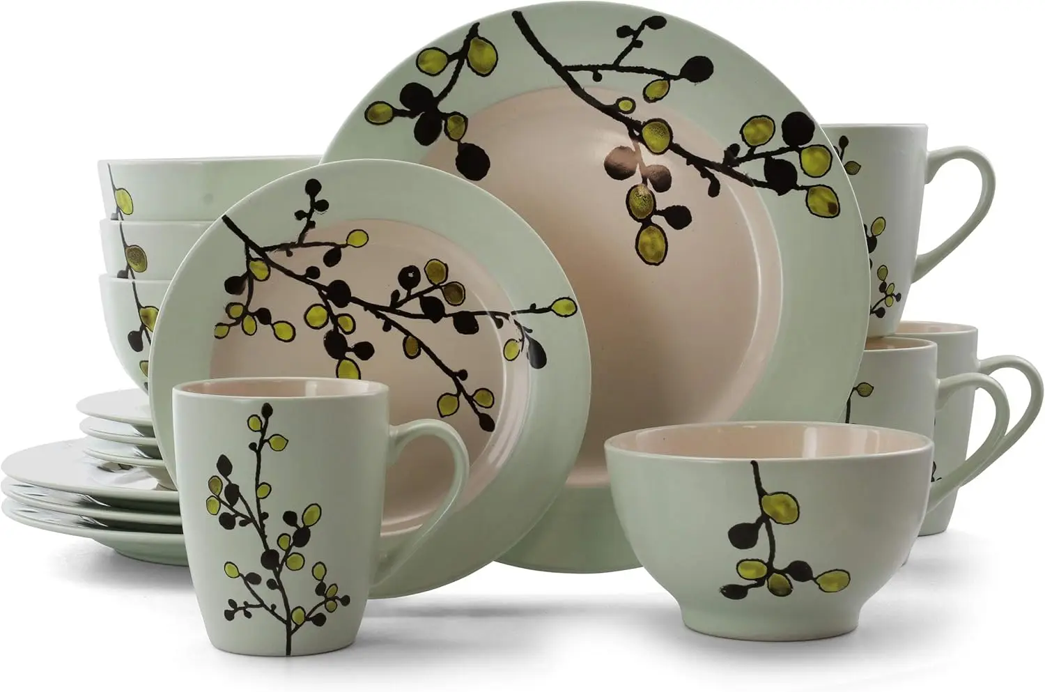 

RETROBLOOM Retro Bloom 16 Piece Luxurious Stoneware Dinnerware with Complete Setting for 4, 16pc, Green