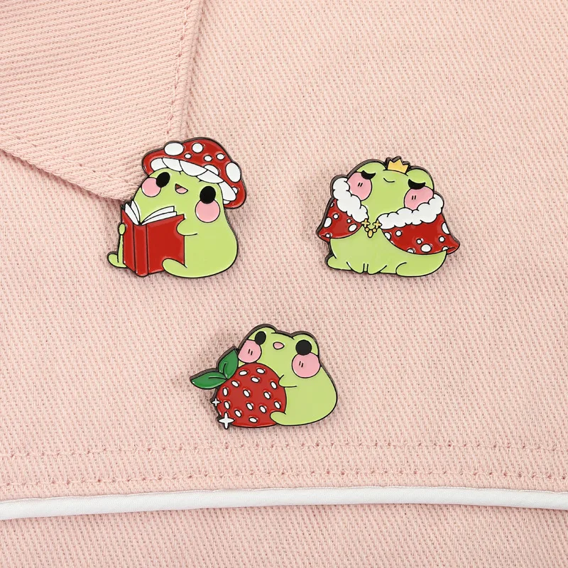 Cartoon Frog Prince Enamel Pins Cute Strawberry Frog Brooches Fashion men women children jewelry gifts accessories