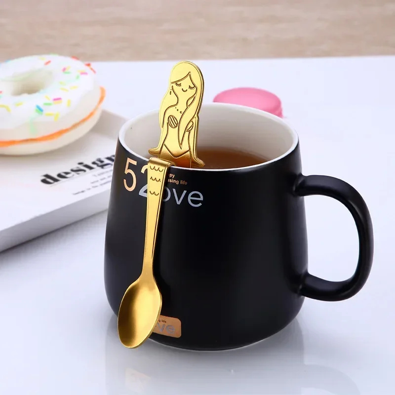 UPORS 1Pcs Mermaid Coffee Spoons Scoop 304 Stainless Steel Hanging Coffee Spoon Teaspoon Sugar Moka Ice Cream Tea Spoon Tools