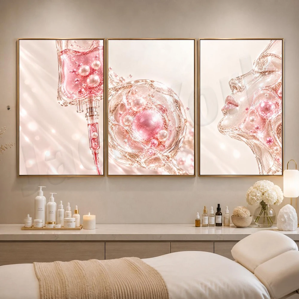 Posters for medical spa intravenous infusion therapy, facial anatomy, vitamin infusion art, and infusion clinic decorations.