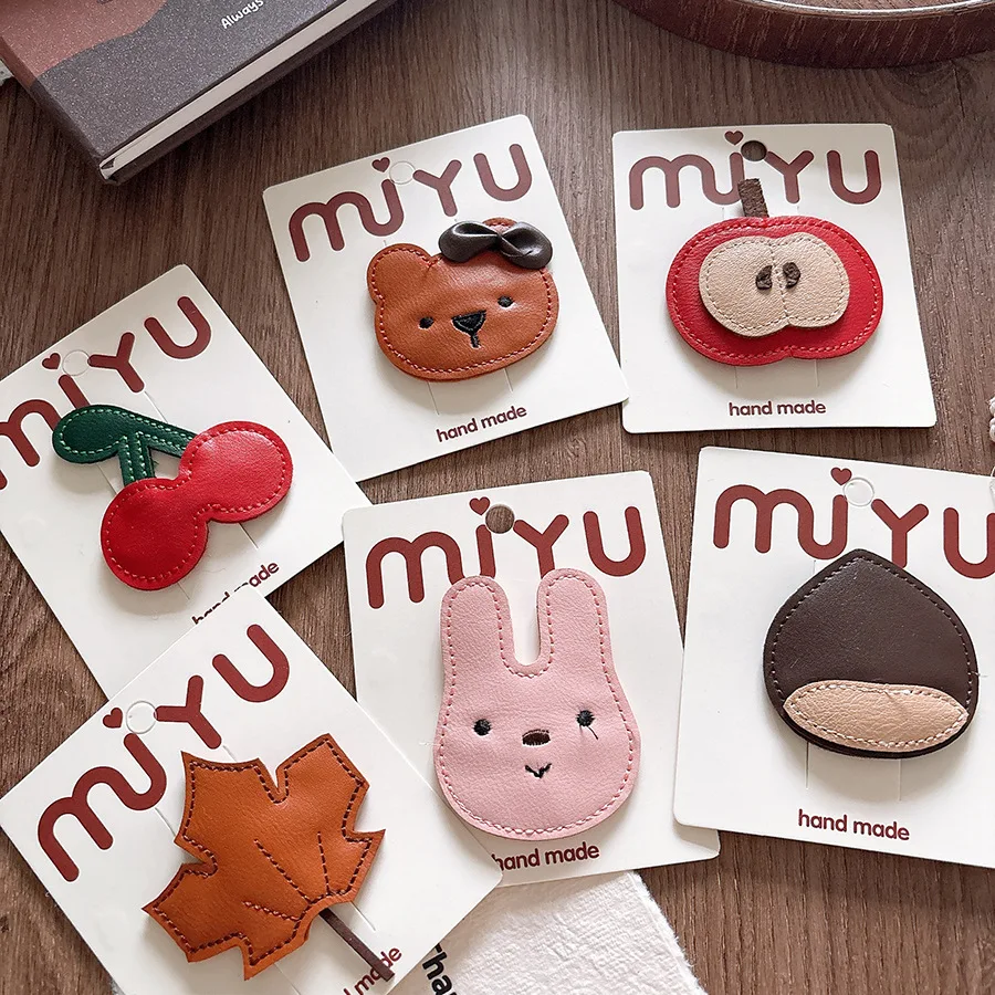 Hair Clips Kids Faux Leather Cute Cartoon Cherry BB Clip Handmade Girls Side Bangs Parent Child Hair Accessories Winter Soft New