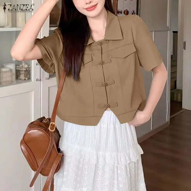 

Женские рубашки ZANZEA из искусственного денима, винтажные, с отложным воротником, на пуговицах, короткие топы, летние повседневные однотонные блузки.