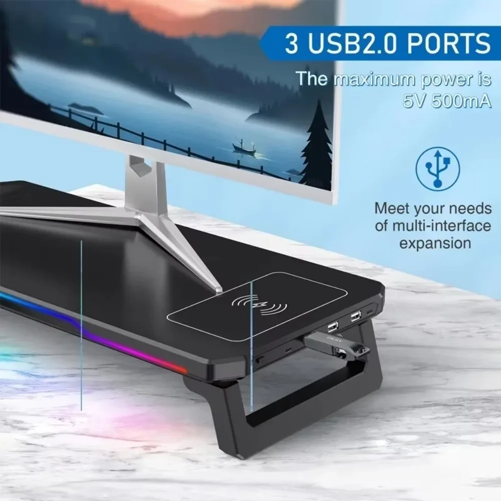 

3-портовая подставка для монитора ПК с USB 2.0 и подсветкой RGB Type-C, держатель для монитора ноутбука, эргономичная стойка для хранения ноутбука с беспроводной зарядкой