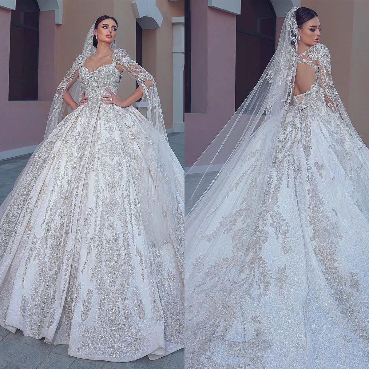 Abiti da ballo con strass glamour abito da sposa a maniche lunghe in pizzo a cuore cristalli su misura treno cattedrale Vestido de novia