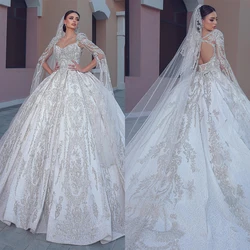 Glamorous Rhinestones Ball Gowns Sweetheart Lace Long Sleeve Wedding Dress Custom Made Crystals Cathedral Train Vestido de novia
