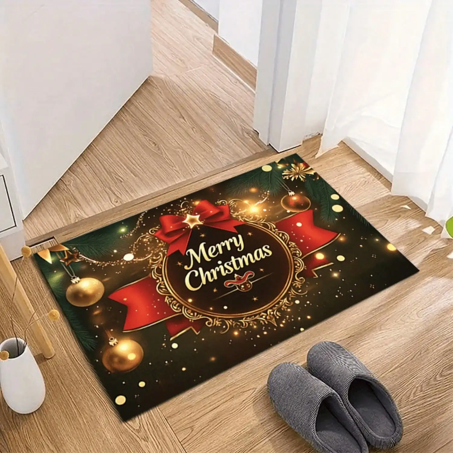 1pc Festive Christmas & Halloween Doormat - Soft, Absorbent, Anti-Slip, Washable Polyester Mat With Shiny Ornaments & Bold 