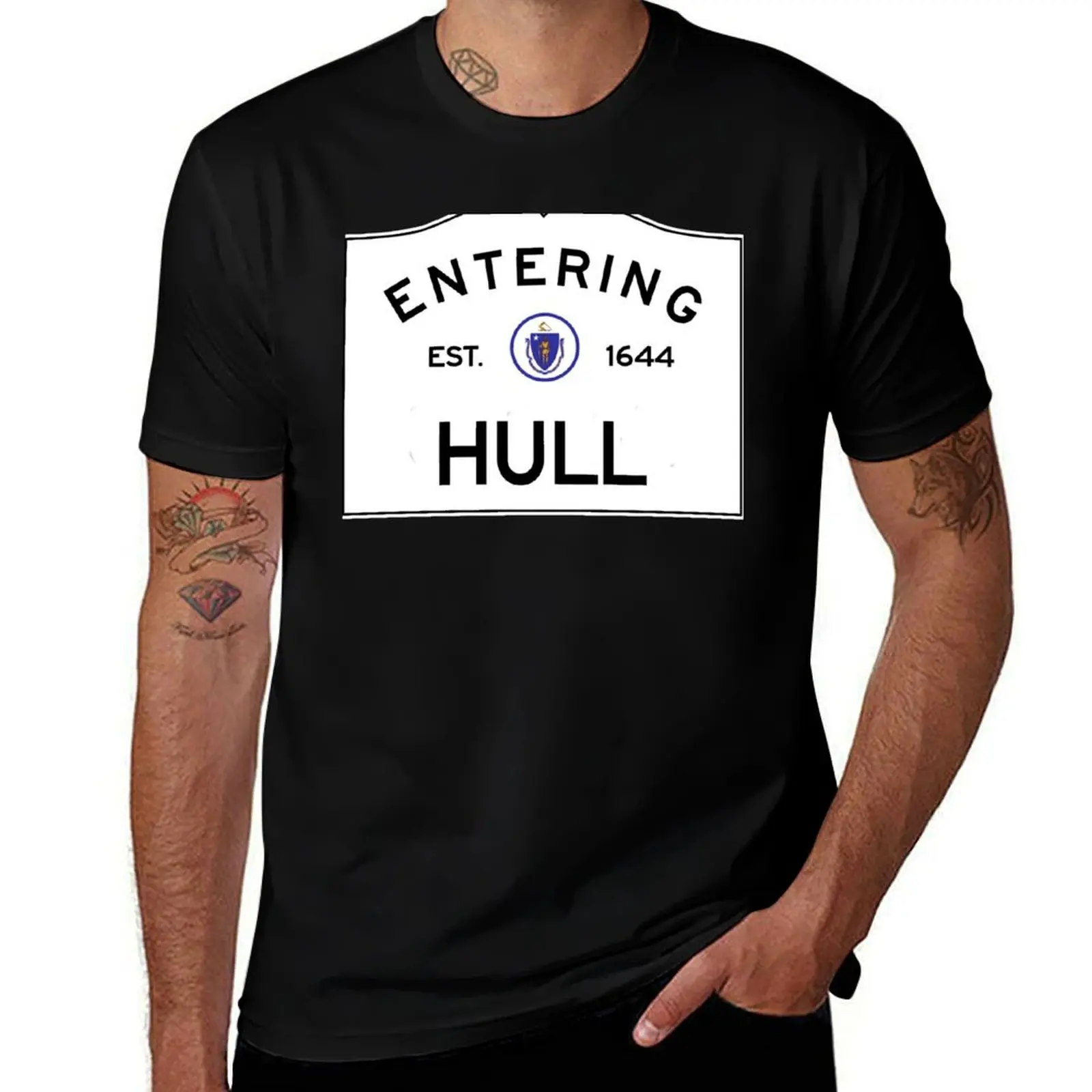 

Entering Hull Massachusetts - Commonwealth of Massachusetts Road Sign T-Shirt summer top summer tops t shirts for men graphic