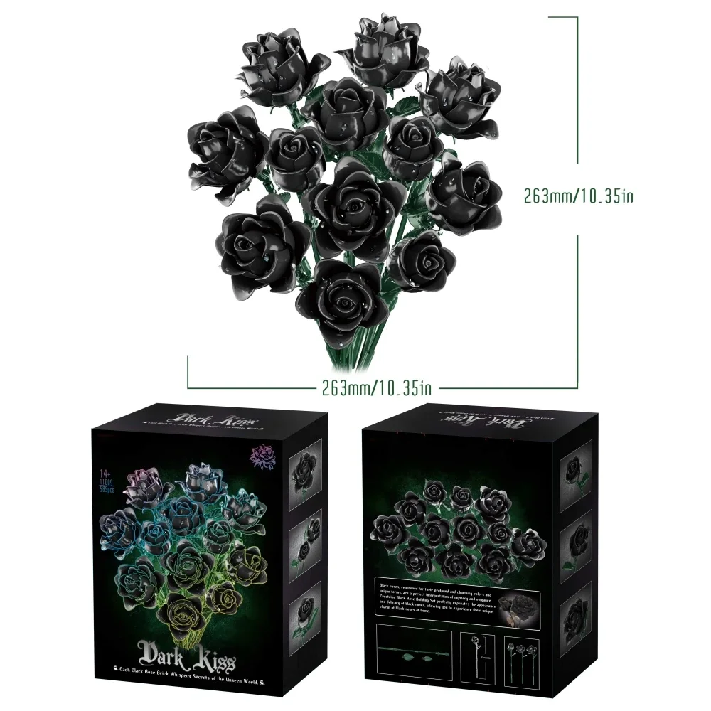 585 pçs criativo estilo gótico rosas escuras blocos de construção buquê de flores pretas diy decoração de mesa modelo presente do dia dos namorados