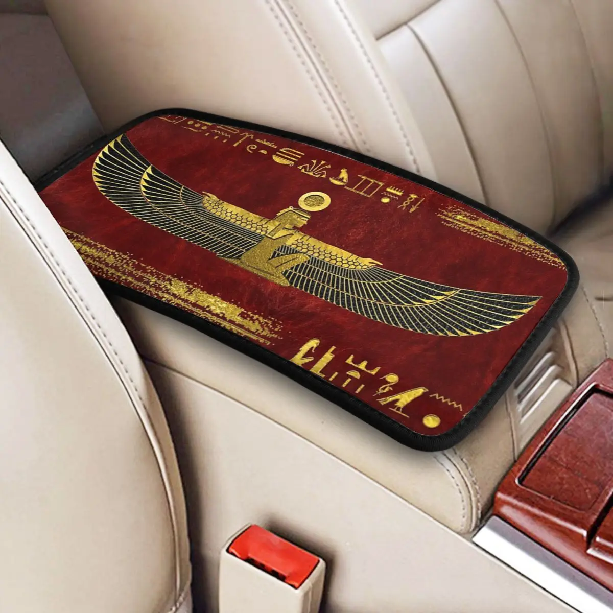 Leather Center Console Pad Universal Car Decor Accessories Egyptian God Car Armrest Cover Mat Ancient Egypt Storage Box Cover