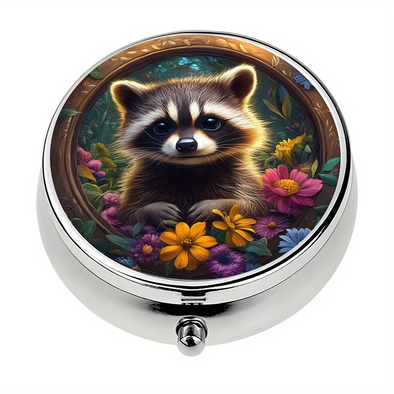 1 pill box with 3 compartments, cute raccoon and flower-themed mini pill container, mini decorative pill box, easy to carry, suitable for travel and storing vitamins