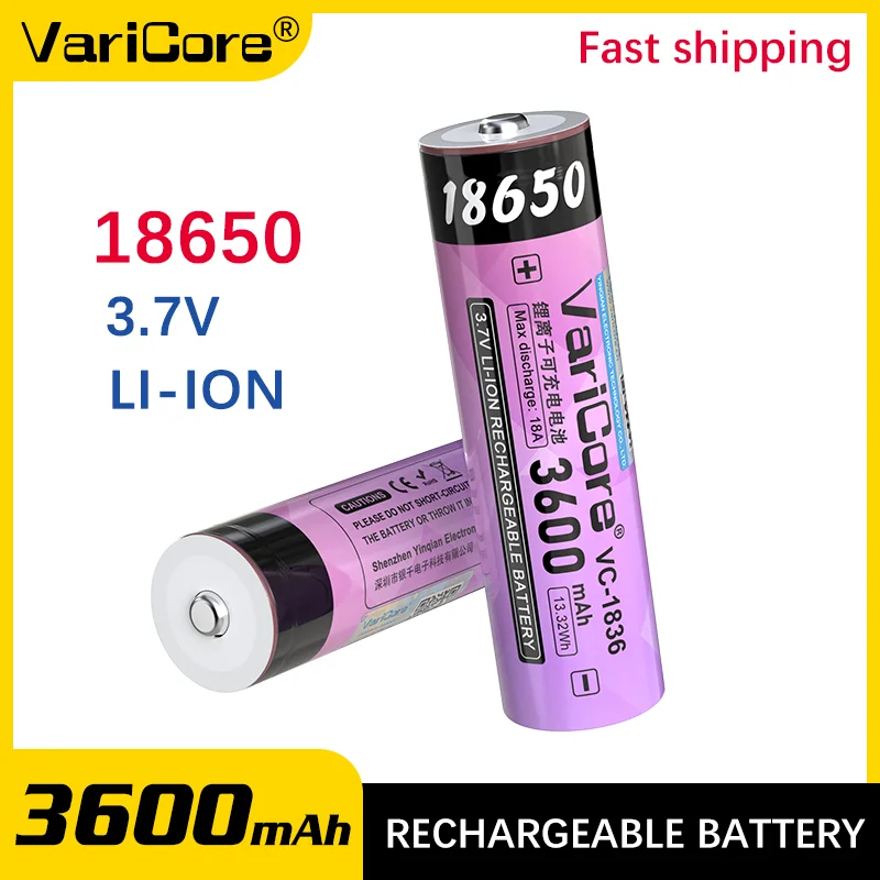 

VariCore VC-1836 18650 Battery 3600mAh High Capacity 3.7V High Drain 18A Li-ion Rechargeable for Flashlight Vape Power Bank