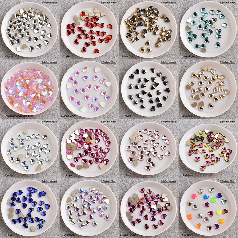 

100pcs Flat Back Heart Nail Art Rhinestones Stained Glass Crystal Shiny Strass Fingernail Supplies For Professionals 5.5x6mm