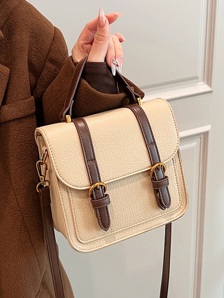 Vintage Small Square Bags Popular Pu Leather Textured Women Handbag High Quality Solid Color Ladies Crossbody Bag