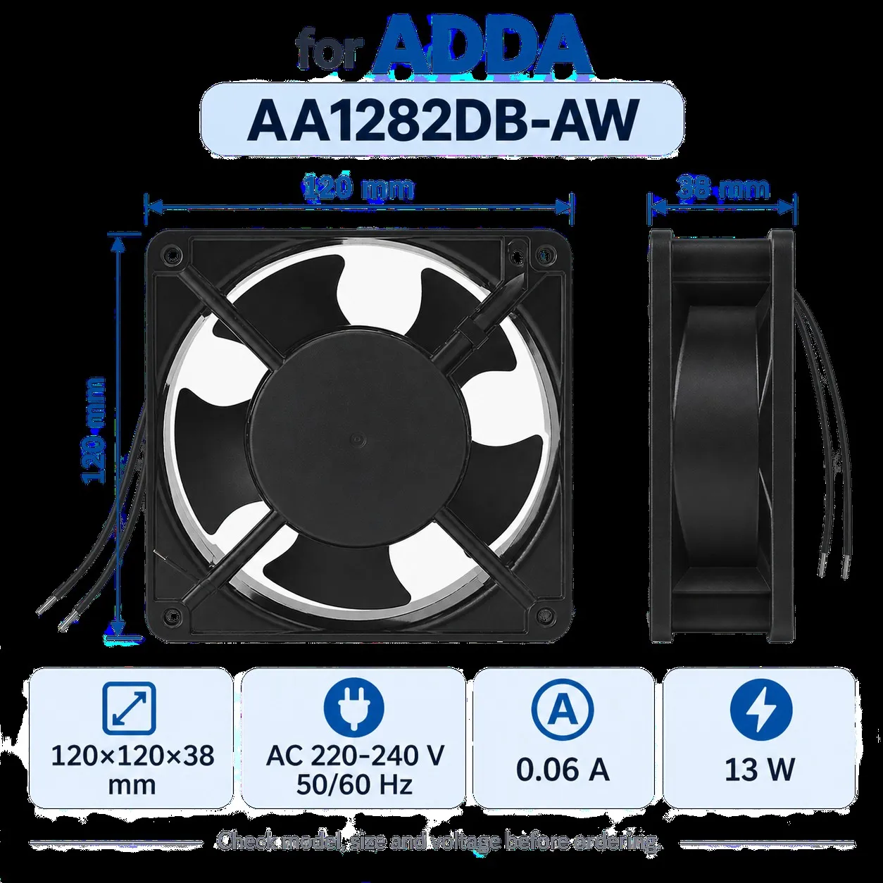 AA1282DB-AW AC Cooling Fan 120x120x38mm 12038 0.06A 1700RPM Industrial for ADDA