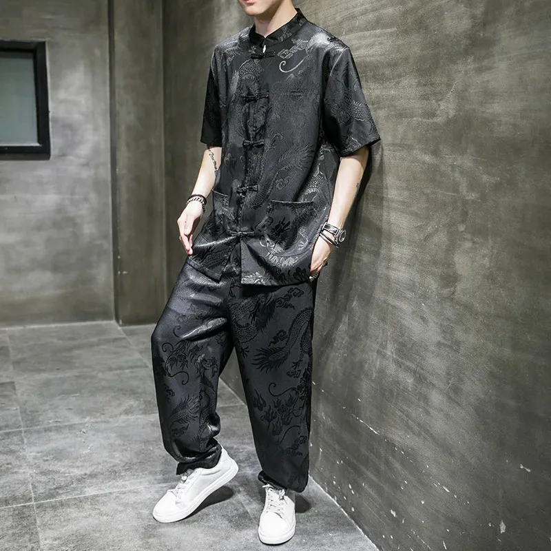 خمر زر الذكور تانغ دعوى السنة الجديدة الملابس التقليدية الصينية الرائعة التنين هانفو مجموعة الشرقية الكونغ فو قميص السراويل 5XL