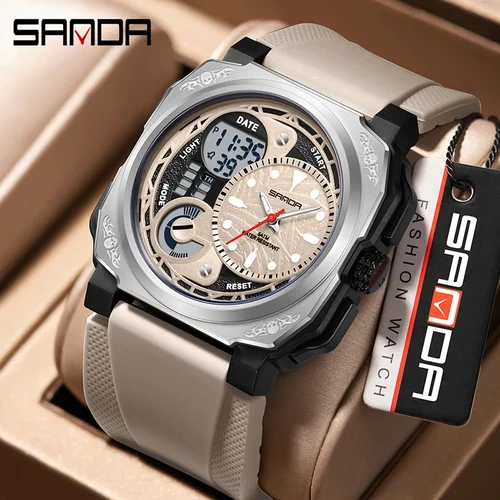 SANDA, nuevo reloj deportivo cuadrado para hombre, cronómetro electrónico LED para exteriores, reloj despertador con pantalla Dual, reloj de cuarzo multifunción para hombre