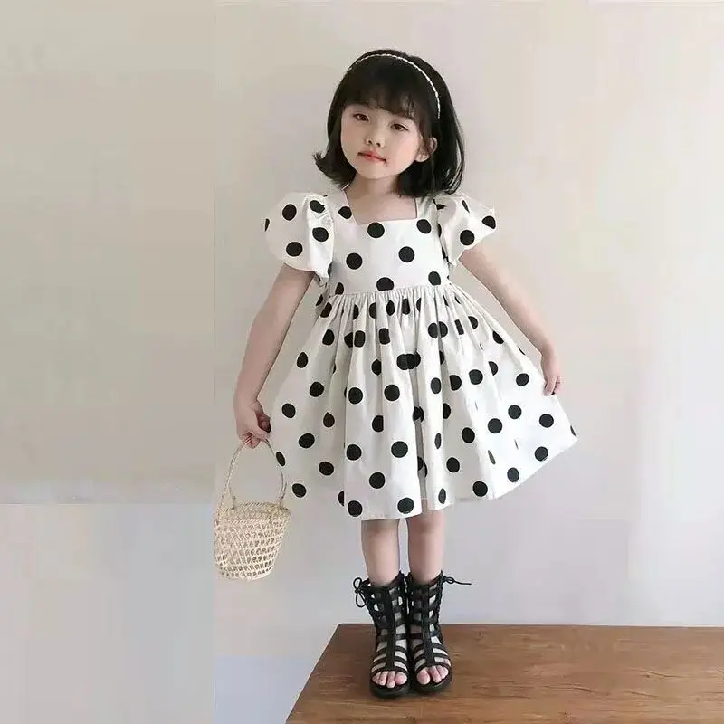 

Girl's Summer Short sleeved Dress New Polka Dot Korean Edition Children's Cute Bubble Sleeves Fashion Open Back Princess Dress