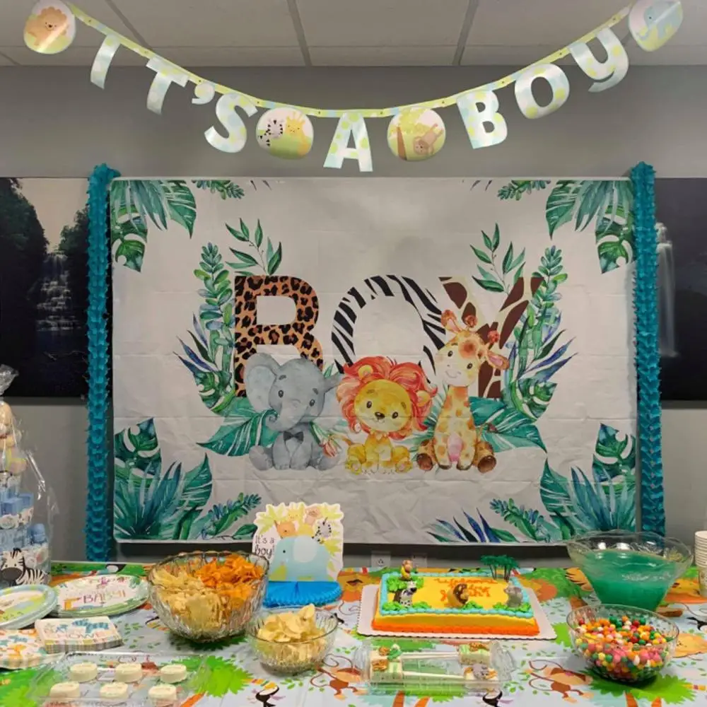 Mocsicka Safari สัตว์ Baby Shower ฉากหลัง Jungle Safari Blue Stripes พื้นหลัง Boys Safari Baby Shower Party ตกแต่ง