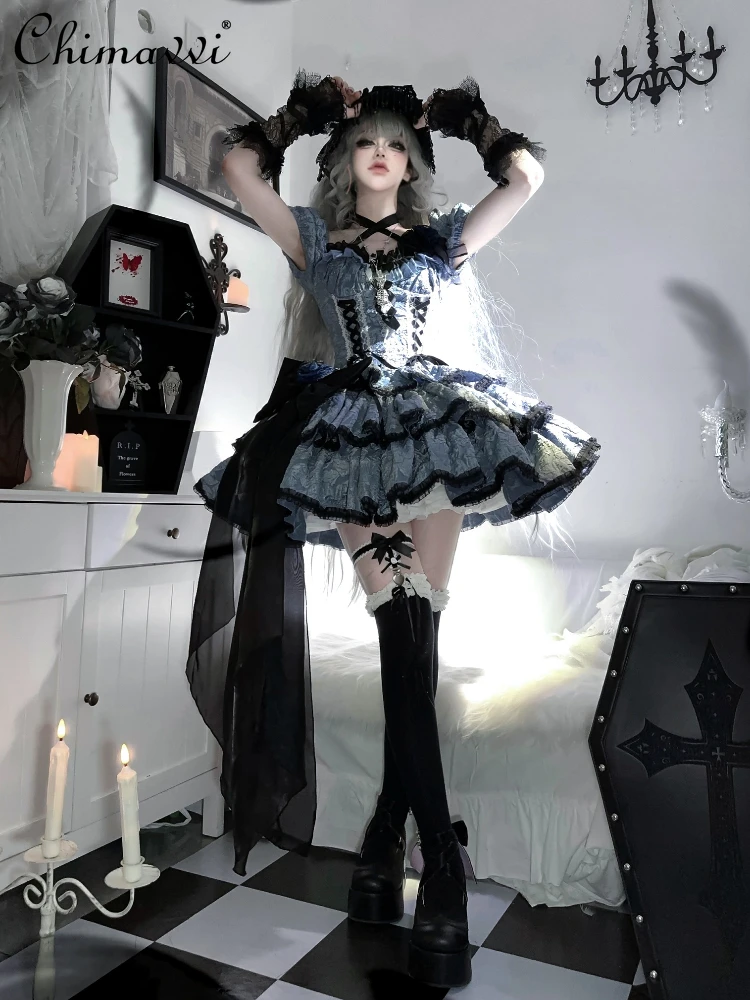 

Original Lolita Dark Gothic OP Dress Spring Summer Princess Sweet Cool Girl Short Sleeve Birthday Party Cos Three-Piece Dress