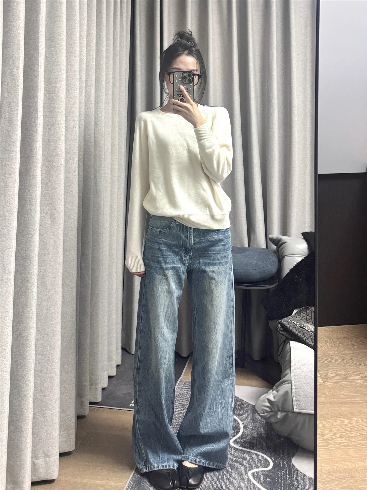 

Extended Length Straight Leg Blue Jeans Women's Loose Drapey High Waist Wide Leg Pants Casual Cotton Low Waist Jeans