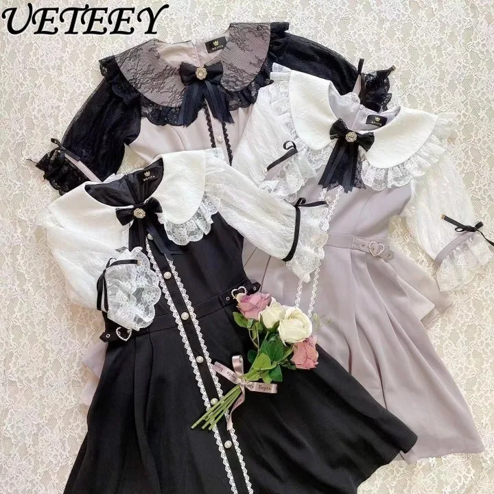 

Japanese Rojita Sweet Girl Oversize Dress Mine Style Lolita Kawaii Lace Doll Collar Colorblock Short Sleeve Waist Dresses