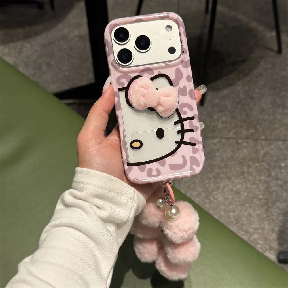 

INS Leopard Cute Hellokitty Half Clear Color Phone case for iPhone 17 Pro 15 14 Pro Max 16 Cover With Plush Strap protective Cas