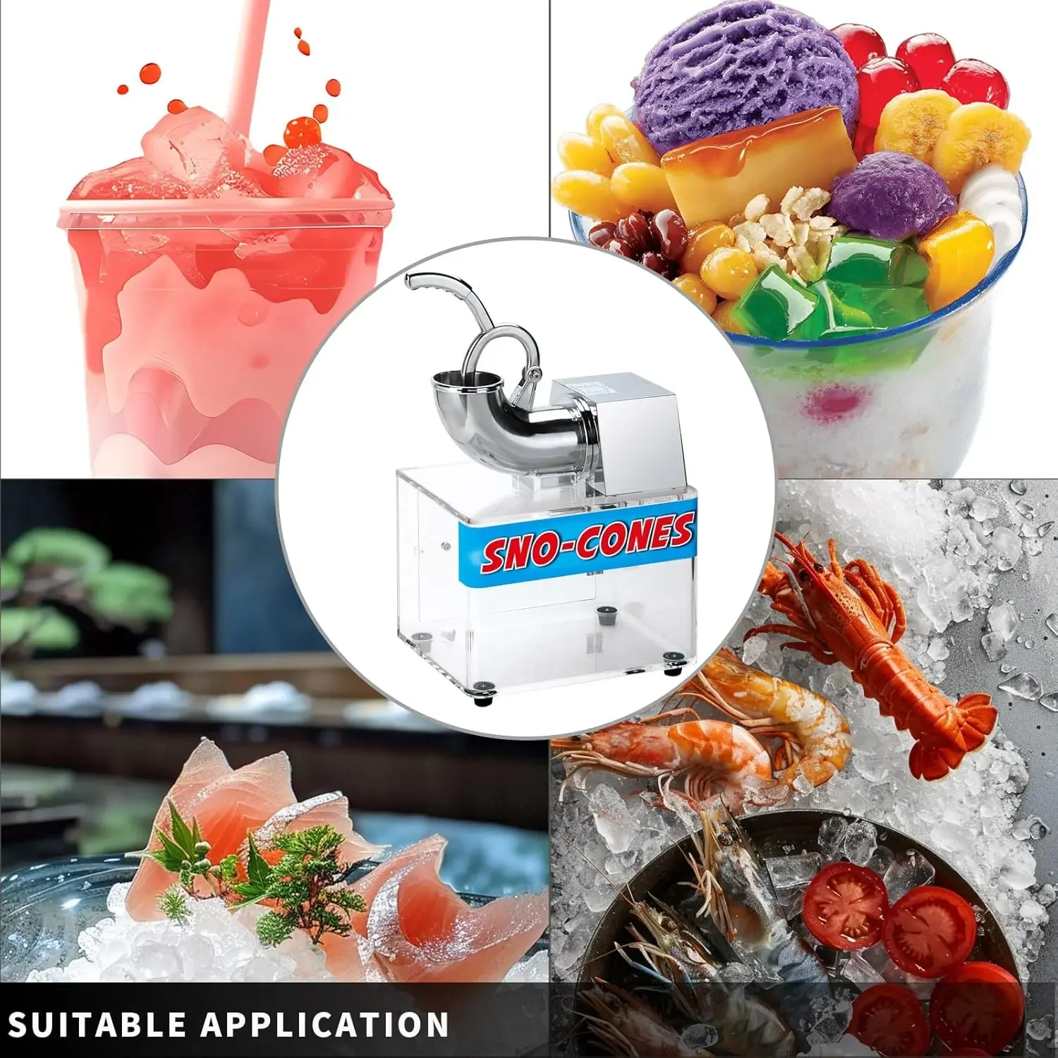 Shaved Ice Machine Acrylic and Stainless Steel Ice crusher 40L Big Storage Box 2 SS Blades ETL plug Commercial Smoothies Snow Co