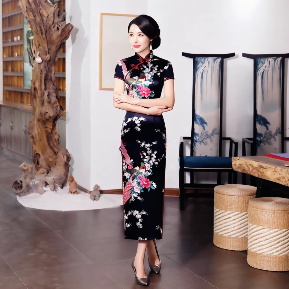 Women'S Formal Traditional Wear - Klassisches Satin-Cheongsam-Kleid mit Blumendruck, Elegantes Modernes