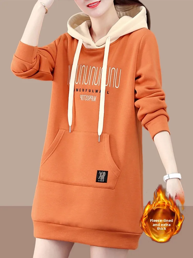 Korean Sle Faionable Loose Versatile ket Mid-Length Design Jaet Hooded Color Blo Fce Thi Large Size Sweatirt
