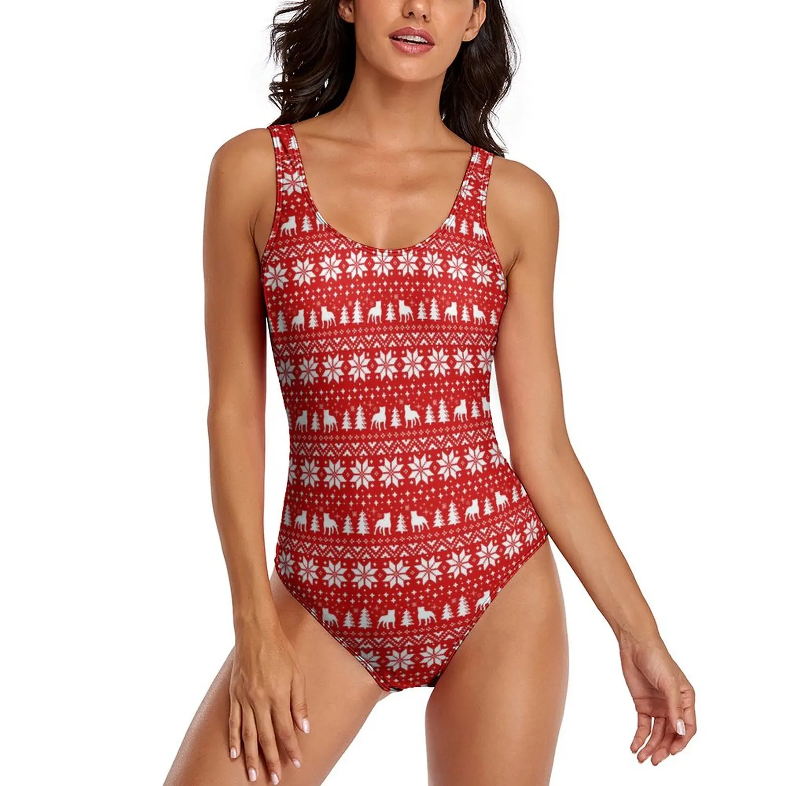 Vintage Christmas Staffy Xmas Swimsuit Sexy  One Piece Swimwear Push Up Bodysuit Stylish Surfing Bathing Suit