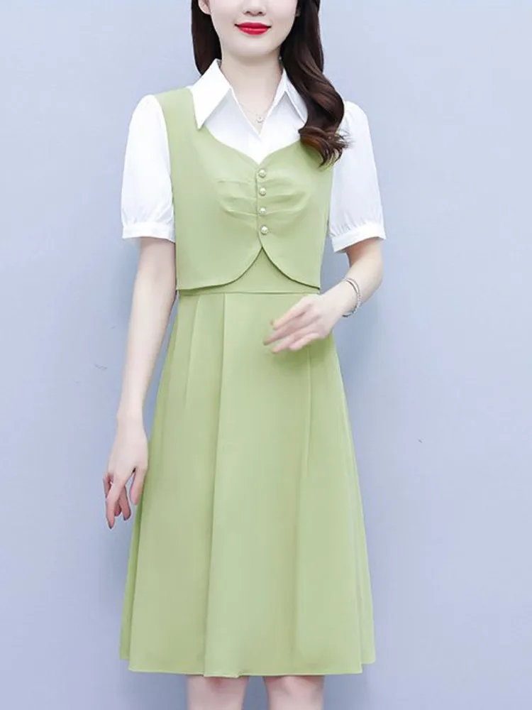 #7964 False Two Piece Shirt Dress Women Split Joint High Waisted Office A-line Dress Short Sleeve Elegant France Style Summer