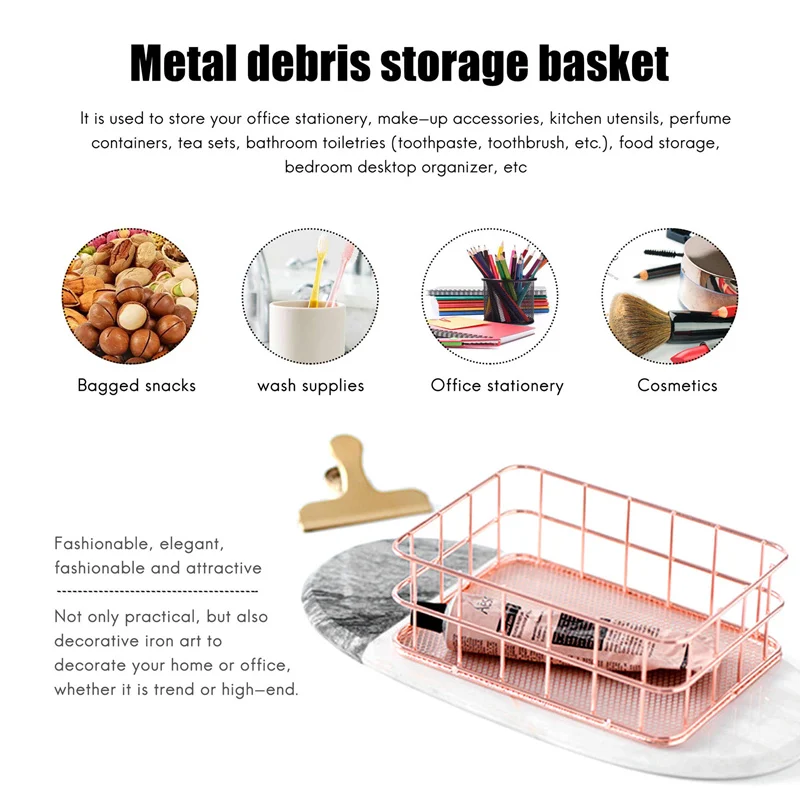 N84R-Storage Basket Metal Wire Bathroom Shelves Makeup Organiser Rose Gold Brush Pen Holder Wire Mesh Bathroom Toiletries Storag