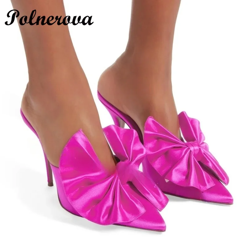 Bow-Knot Satin Stiletto Heels Slippers Pointy Toe Slip On Mules Party Dress Heels Handmade Women Shoes Zapatos Para Mujere