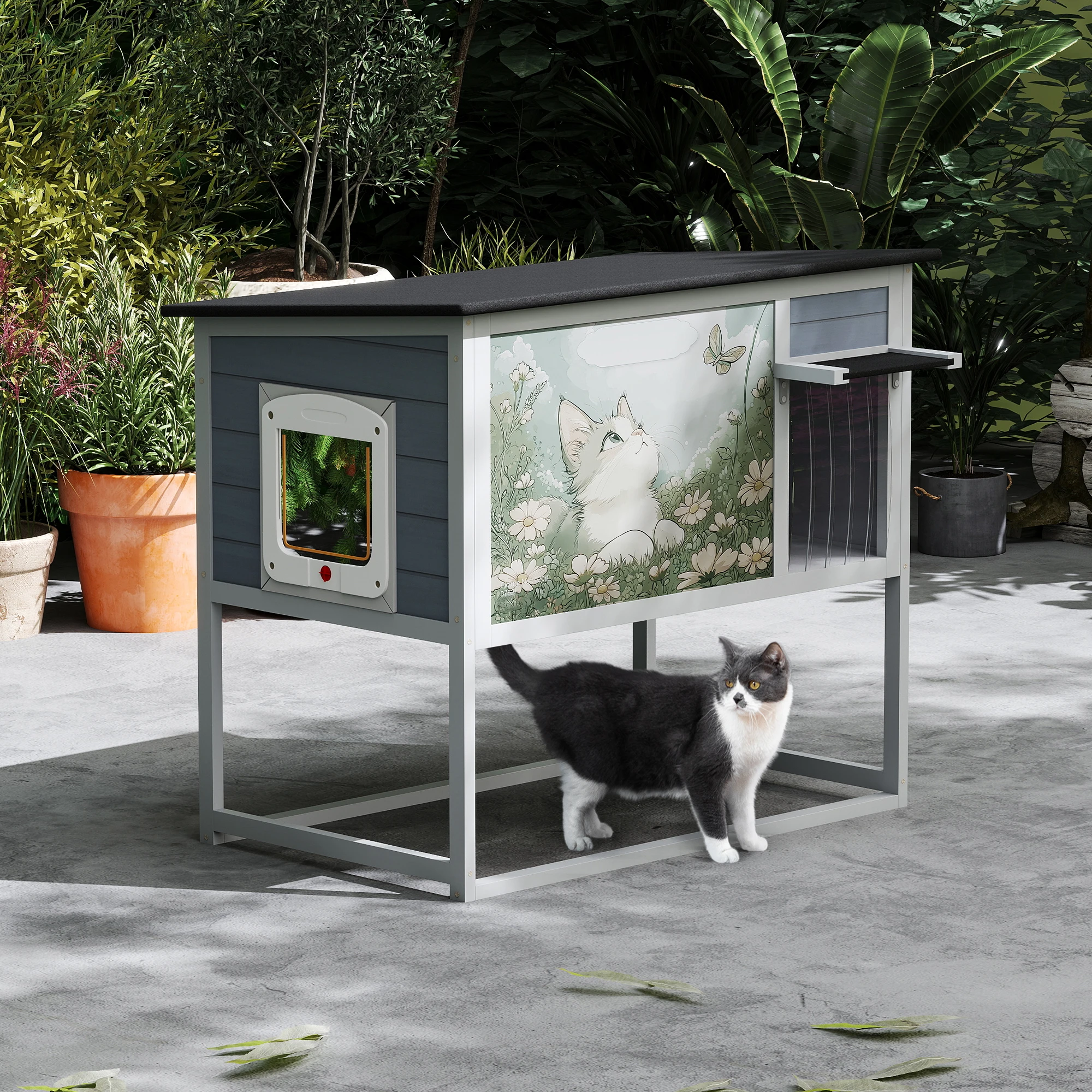 Weatherproof Outdoor Cat House, Elevated Feral Cat Shelter with High Legs, Curtained Door, Escape Door, Openable Top, Gray with Patterned Panel