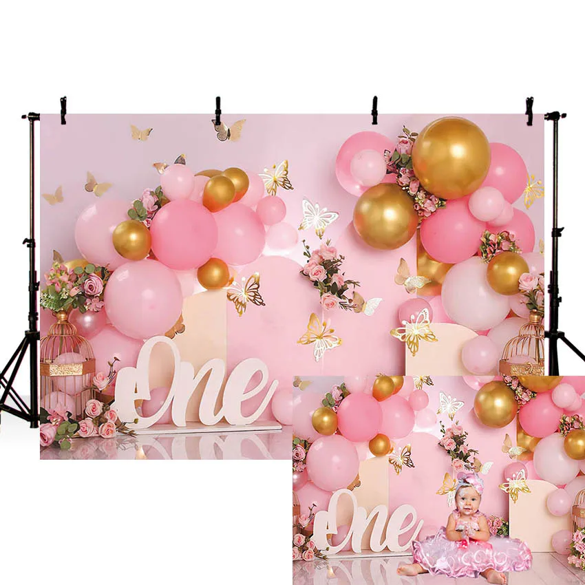 

Mehofond Photography Backdrop Princess 1st Bithday Party Golden Balloon Butterfly Cake Smash Decor Background Studio Photozone