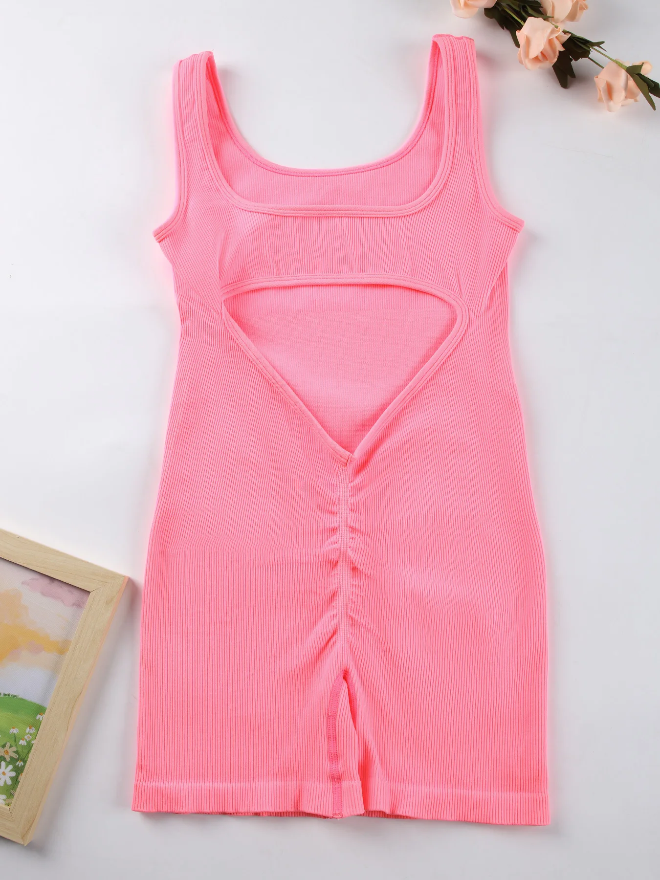 Women's Solid Colour Threaded Backless Yoga Suit U Neck Sleeveless Sports Jumpsuit Stretch Women Bodysuit Without Bust Pads