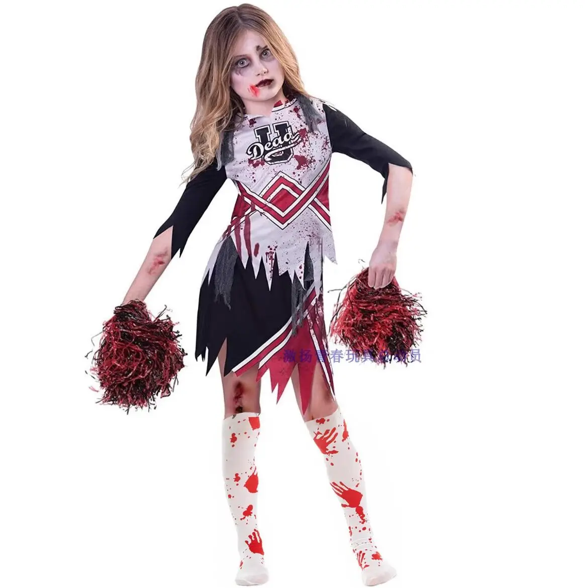 Halloween Girl Zombie Cheerleading Masquerade Costume Blood Stockings Uniform Children\'s Halloween Theme Party Cosplay Costume