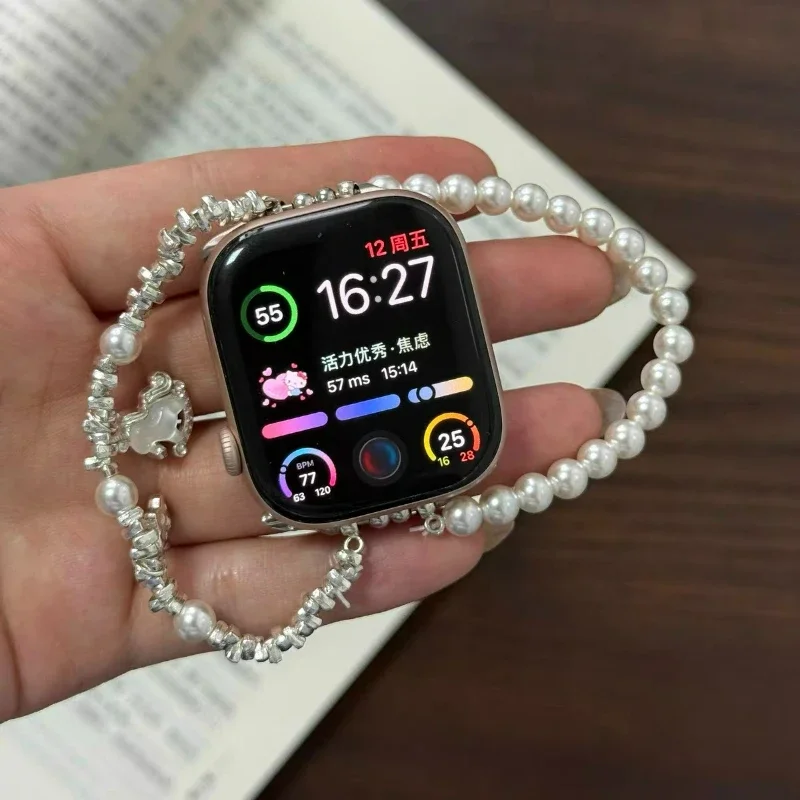 Elegant Double Layer Pearl Bead Strap for Samsung Galaxy Watch 9 8 7 5 Pro 6 Classic Ultra2 Unicorn Pendant Wristband 18 20 22mm