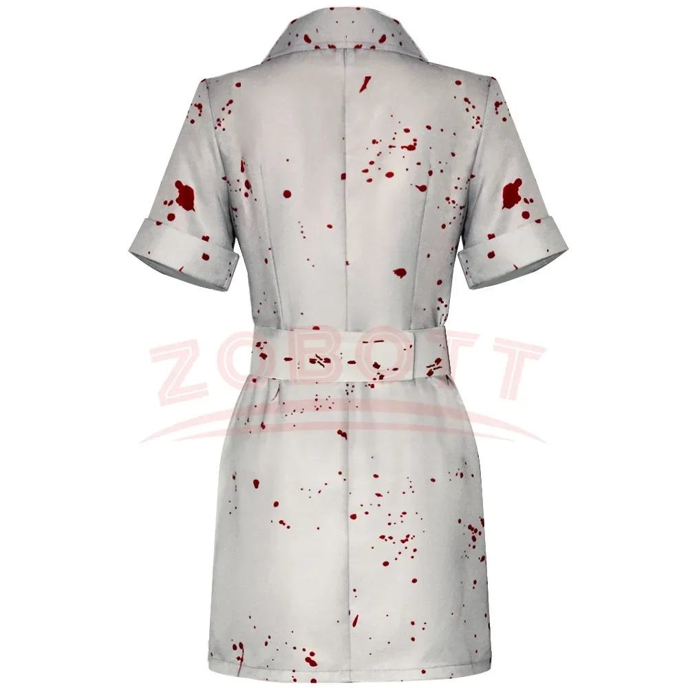 Film Silent Hill Cosplay Kostuum Verpleegster Witte Bloedgekleurde riem en hoed Uniform Fancy Halloween Carnaval Feestjurk voor Vrouw