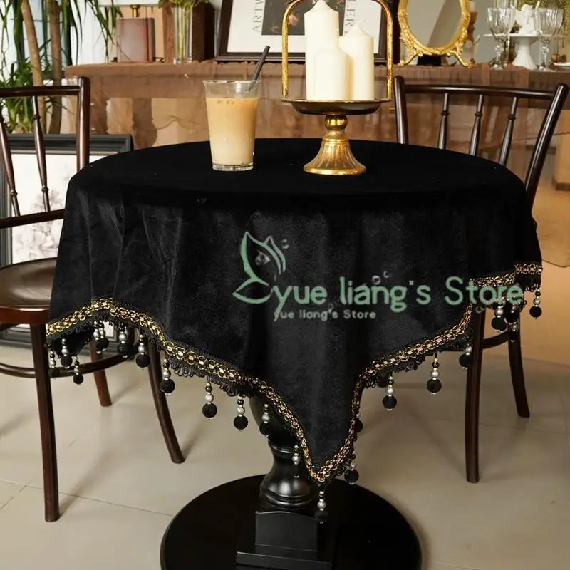 Vintage Black Tassel Dining Table Fabric Small Round Table Rectangular Coffee Table Cloth Cover European Light Luxury Tablecloth