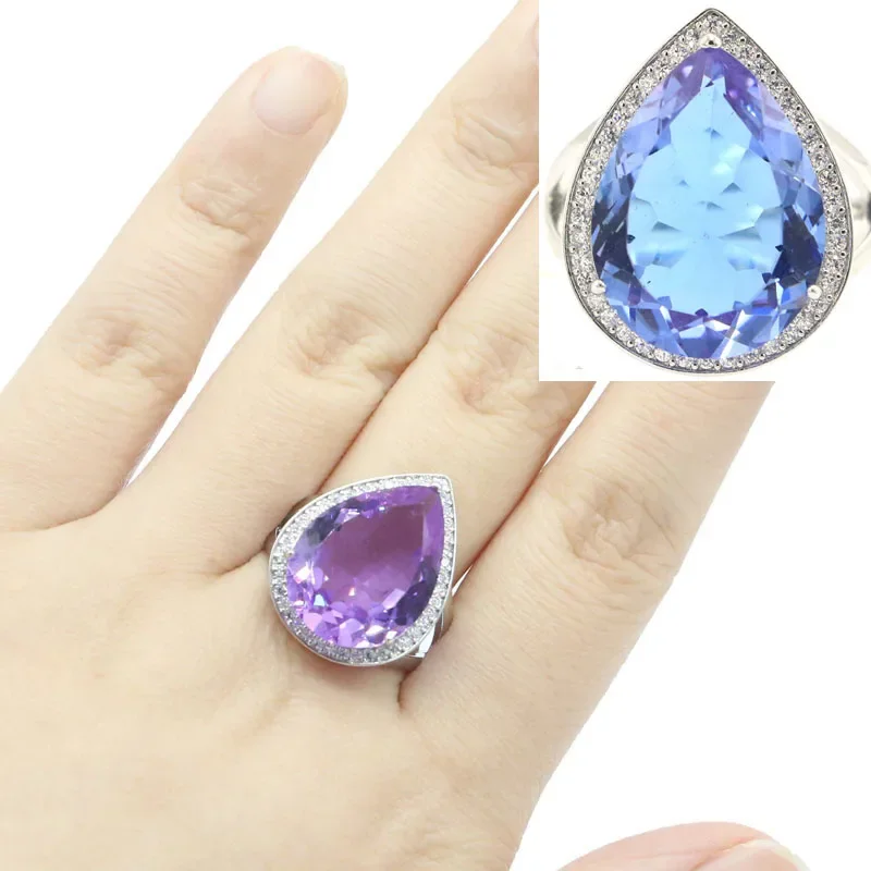 

Buy 5 Get 1 Free 24x19mm Unique 6.9g Big Drop Gemstone Color Changing Alexandrite Topaz CZ Gift Females Silver Rings