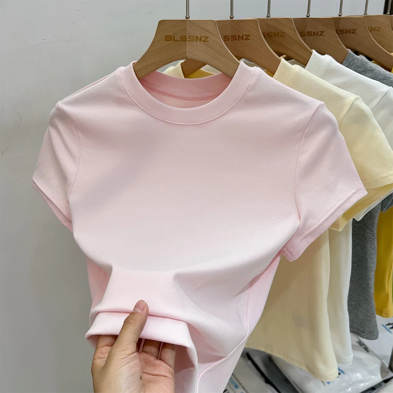 AOSSVIAO 2026 Camiseta de Verano de Color Liso para Mujer, Manga Corta, Estilo Americano Vintage Y2K, Básica, Cuello Redondo, Ajustada, Tops de Moda