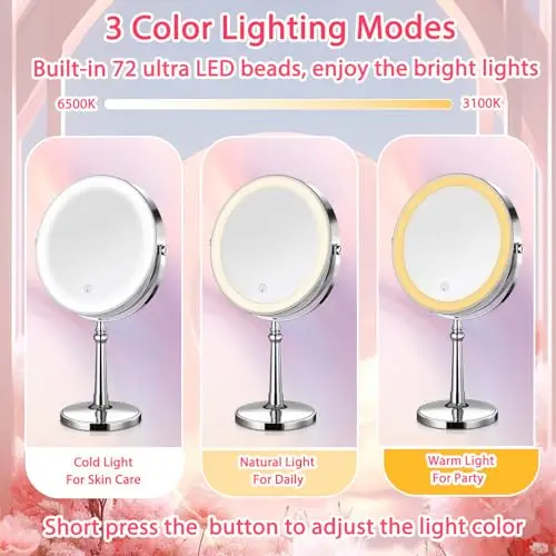 9" Large Lighted Makeup Mirror, 1X/10X Magnifying Mirror with Lights, 360 Rotate Touch Screen Vanity Mirror with 3 Color Lights